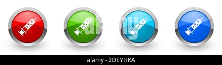 Vaccine, injection, syringe symbol silver metallic glossy icons, set of modern design buttons for web, internet and mobile applications in four colors Stock Photo