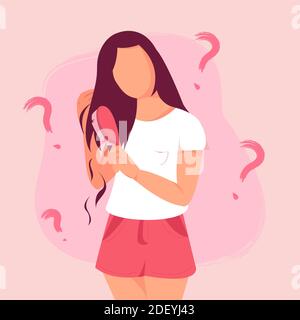 Flat vector illustration of a female with a comb in hand. Woman with hairless problems, fall, alopecia, damage Stock Photo