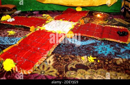 Chaupar/chopad is a cross and circle board game similar to pachisi, Traditional game played in Indian culture . Antique Historical Game of India. Stock Photo