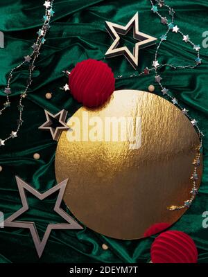 Flat lay christmas composition in trendy colors with defocused sparks. Magic concept with place for text. Stock Photo