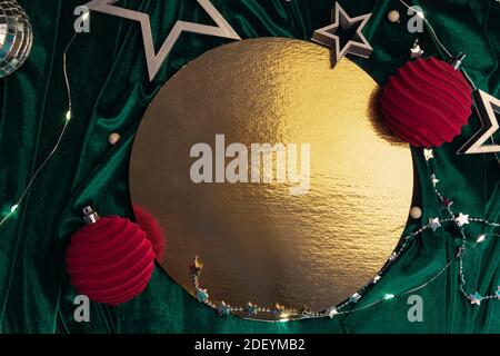 Flat lay christmas composition in trendy colors with defocused sparks. Magic concept with place for text. Stock Photo