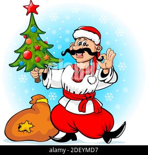 Christmas Ukrainian Cossack in the hat of Santa Claus holding a Christmas tree in his hand. Greeting card, vector on transparent background Stock Vector