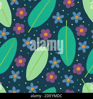 Elegant trendy ditsy floral texture vector repeating pattern design comprising tropical banana leaves, flowers, and polka dots. Foliage background Stock Vector