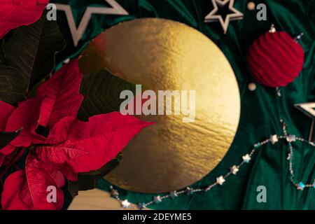 Flat lay christmas composition in trendy colors with defocused sparks. Magic concept with place for text. Stock Photo