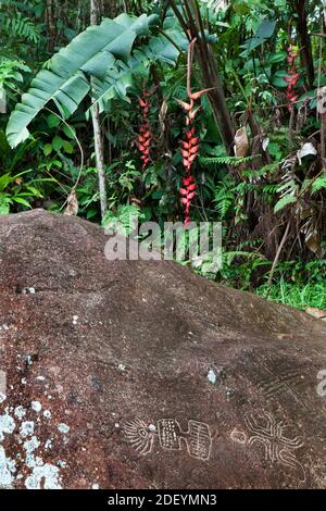 indigenous stone carving in jungle Stock Photo