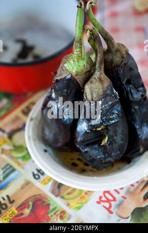 roasted eggplant for making pulp Stock Photo