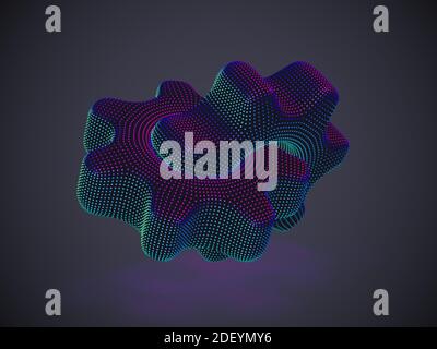 3D cogwheels made of neon dots on gray background. Stock Vector