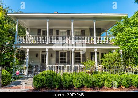 Mount Pleasant, USA - May 11, 2018: American residential historic house building in Charleston, South Carolina area with blue sky on sunny day Stock Photo