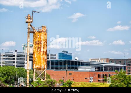 Raleigh, USA - May 13, 2018: Downtown North Carolina city cityscape during day with modern buildings and business factory in summer Stock Photo