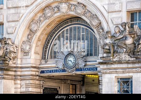 London, UK - June 22, 2018: Underground Waterloo station with sign and historic architecture at building entrance Stock Photo