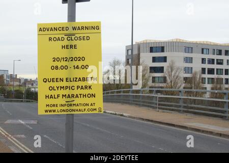 London, UK. 02nd Dec, 2020. A sign poster on Montfichet Rd, London E15, advising the public of the Half marathon scheduled for 12th December. Credit: SOPA Images Limited/Alamy Live News Stock Photo