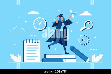 Graduate celebration concept vector illustration. Cartoon happy woman student character jumping with diploma in hand, celebrating success end of training school education and graduation background Stock Vector