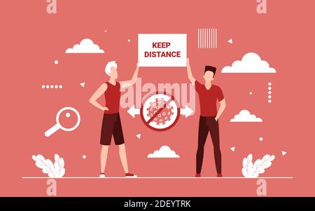 Social distance vector illustration. Cartoon people distancing, holding warning sign keep distance to protect from covid19 corona virus disease, coronavirus outbreak, prevention concept background Stock Vector