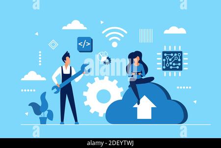 Cloud service, online media files data storage concept vector illustration. Cartoon tiny people upload information, sitting on cloud symbol, modern online technology for storing database background Stock Vector