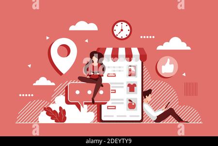 Shopping online concept vector illustration. Cartoon tiny consumer shopper people order and buy goods in internet store, using commercial mobile smartphone shop app, ecommerce advertising background Stock Vector