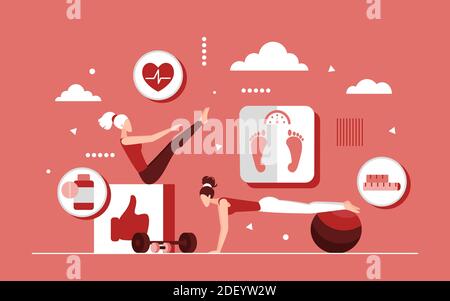 Weight loss, woman fitness training concept vector illustration. Cartoon tiny sportive female characters do sport exercises for body health, control weight on scales, healthy lifestyle background Stock Vector