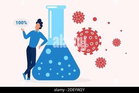 Coronavirus vaccine concept vector illustration. Cartoon man character standing near big medical flask test tube with medicine treatment for corona virus, successful vaccination research background Stock Vector