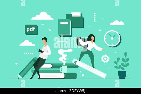People read books vector illustration. Cartoon tiny characters studying, reading ebooks from mobile library, web archive electronic books or paper textbooks, technology education concept background Stock Vector