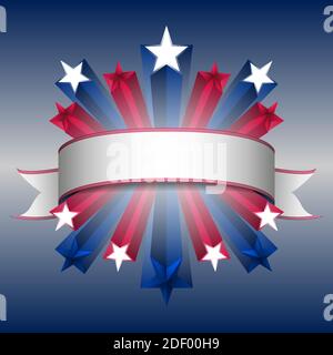 EPS10 vector. Explosion of stars with the colors of the American flag wrapped in a ribbon. Amazing colors and shades. Put your text. Stock Vector