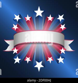 EPS10 vector. Explosion of stars with the colors of the American flag wrapped in a ribbon. Amazing colors and shades. Put your text. Stock Vector