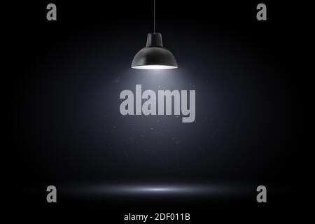 Lamp in dark room. Spotlight on black background. Place for text or product presentation. Stock Vector