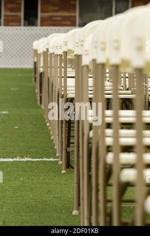 Straight Setup - Audience chairs are carefully arranged for the graduation at Chapman University. Orange, California, USA Stock Photo