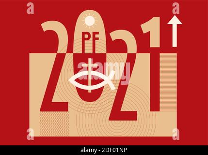 Jesus fish symbol, new year greeting card. Pf card new year 2021 with Jesus fish symbol with cross, on decorative background. Vector available Stock Vector