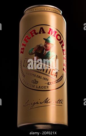 Birra Moretti, a premium lager beer produced by Italian brewing company now owned by Heineken International. Studio photo shoot in Bucharest, Romania, Stock Photo