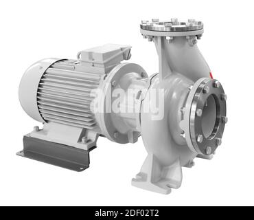 Industrial high-pressure water pump with electric motor drive Isolated on white background. Stock Photo