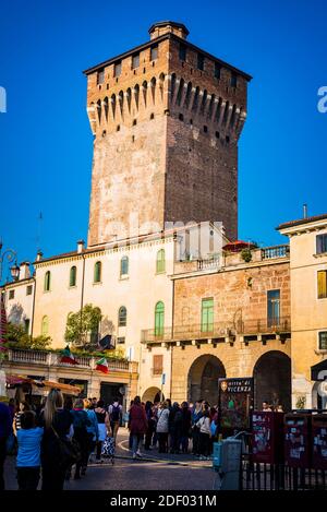 The Torrione di Porta Castello in Vicenza, built after 1236, a remarkable example of medieval fortified architecture, is part of the city walls. Vicen Stock Photo