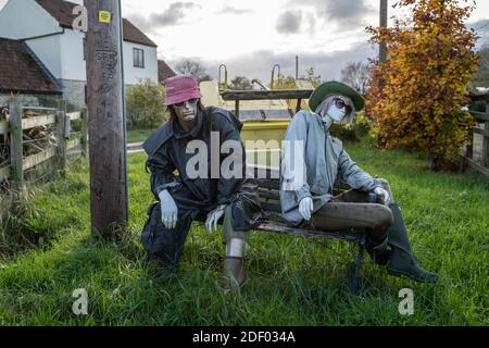 Coronavirus: Lockdown scarecrow characters bring some local homemade humour to the town of Marston Magna in Somerset, UK.