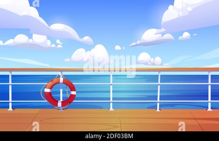 Seascape view from cruise ship deck. Ocean landscape with calm water surface and clouds in blue sky. Vector cartoon illustration of wooden boat deck or quay with railing and lifebuoy Stock Vector