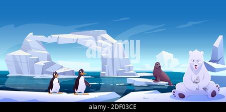 Wild animals sitting on ice floes in sea, white bear holding fish, penguins and seal. Antarctica or North Pole inhabitants in outdoor area, ocean. Beasts in nature fauna, Cartoon vector illustration Stock Vector