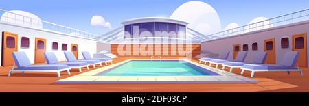 Swimming pool on cruise ship deck. Summer vacation, sea travel and relax. Vector cartoon illustration of luxury passenger liner with empty pool with blue water and beach chairs Stock Vector