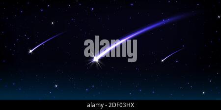Falling comets, asteroids or meteors with blue flame trail in cosmos. Vector realistic illustration of black sky with stars, flying glowing meteorites from space and fireballs flash Stock Vector