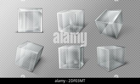 Plastic or glass cube in different angle view, clear square box, crystal block, aquarium or exhibit podium, glossy geometric object isolated on transparent background, Realistic 3d vector illustration Stock Vector