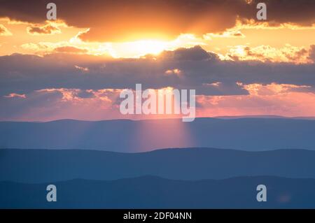 Sunset over the Blue Ridge Mountains, viewed from Skyline Drive, Shenandoah National Park, Virginia. Stock Photo