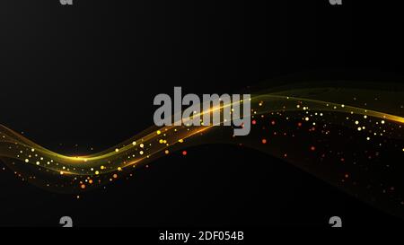 Golden flow of wavy transparent waves with gold glitters on black background Stock Vector
