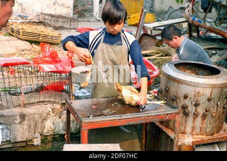 Chicken plucker in a Chinese farmers market Stock Photo