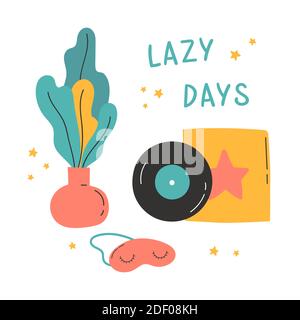 Vase with plant, music record and sleeping mask Stock Vector