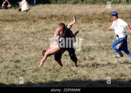 Wrestlers who wrestle in the traditional Kırkpınar oil wrestling held every year in Turkey Edirne Stock Photo