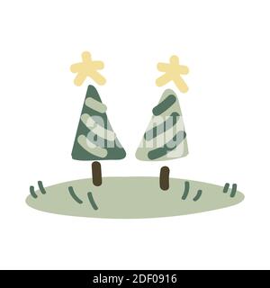 Cute cartoon christmas tree gender neutral lineart vector illustration. Simple fir forest sticker clipart. Kids christmas tree hand drawn simple pine Stock Vector
