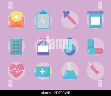 set of medical icons over pink background Stock Vector