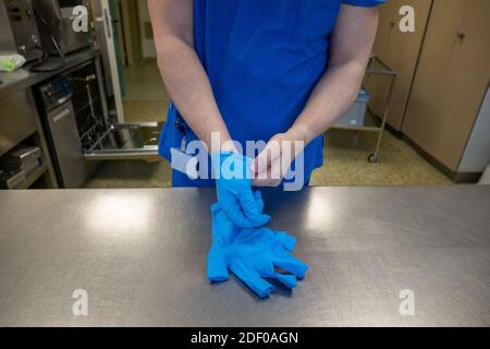 a hospital employee takes off his blue protective gloves Stock Photo
