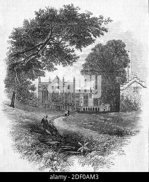 A 19th Century view of Newstead Abbey, in Nottinghamshire, England. Formerly it was an Augustinian priory founded by King Henry II circa 1170, one of many penances he paid following the murder of Thomas Becket. Sir John Byron of Colwick in Nottinghamshire was granted Newstead Abbey by Henry VIII of England on 26 May 1540 and started its conversion into a country house following the Dissolution of the Monasteries, it is now best known as the ancestral home of Lord Byron. Stock Photo