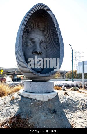 December 02., 2020, Los Angeles, California, USA - At a busy traffic roundabout north of downtown Los Angeles stands ''Faces of Elysian Valley, '' egg-shaped sculptures by artists Freya Bardell and Brian Howe. Credit: Brian Cahn/ZUMA Wire/Alamy Live News Stock Photo