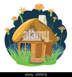 Old house with a thatched roof. Fabulous cartoon object. Cute childish style. Ancient dwelling. Tiny, small. Against the background of a night Stock Vector