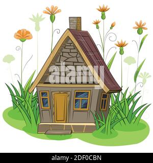 Stone garden house. Fabulous cartoon object. Cute childish style. Ancient dwelling. Tiny, small. Against the background of a landscape with flowers Stock Vector