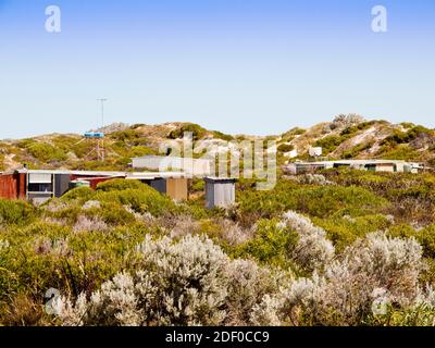 Beach shacks at Grey on Indian Ocean Drive north of Perth. Stock Photo