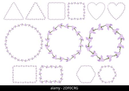 Lilac iris flower wreath for packaging design, wedding invitation, greeting card. Spring blossom. Vector frame - square, circle, heart, triangle, hexagon, rectangle. Stock Vector